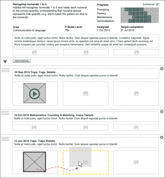 Wireframe diagram of dragging and dropping media elements in a student report