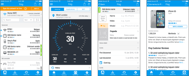 The redesigned Dashboard, Speed test, Device details, and Device information screens